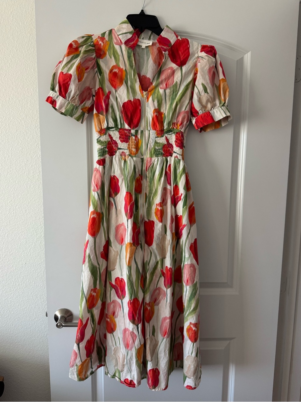 ENTRO 100% COTTON AMONG THE TULIPS IVORY & RED MULTI FLORAL COTTON MIDI DRESS S - Picture 4 of 9
